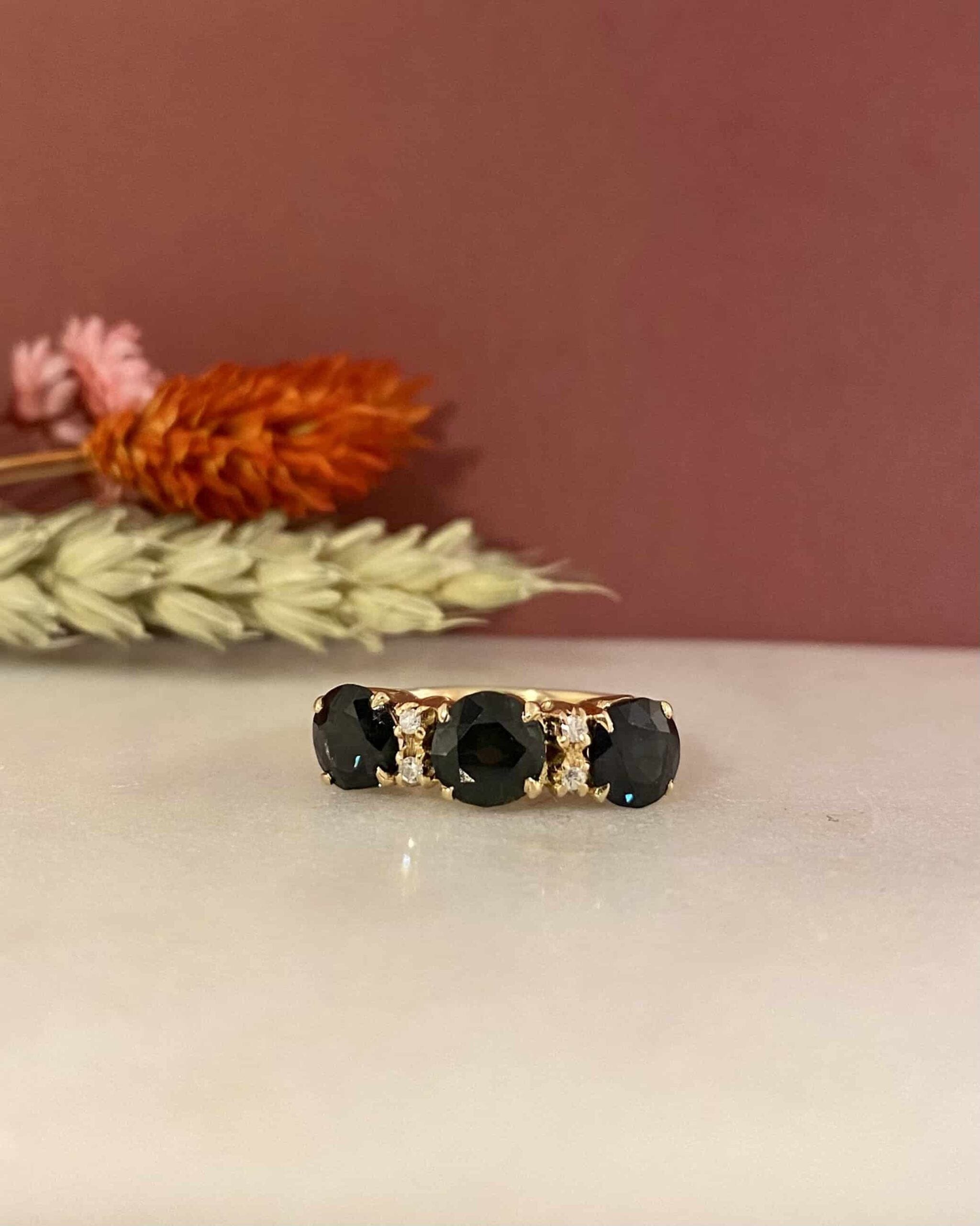 "Rita" 3.30 carat Green Sapphire & Diamond River Ring