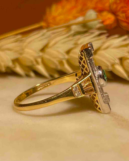 Bague style Art-déco émeraude &amp; 28 diamants &quot;Paz&quot;