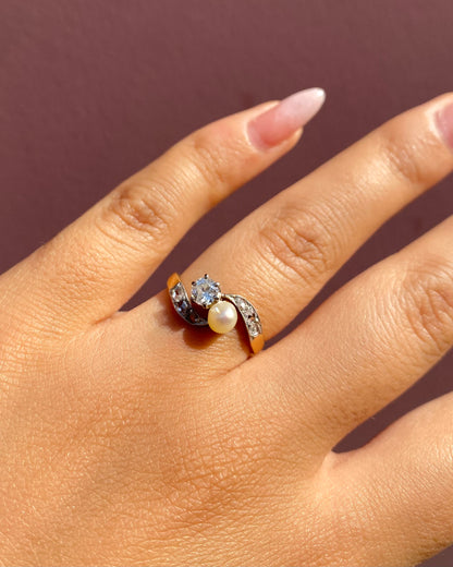Bague Art-déco Toi &amp; Moi Perle &amp; Diamants 0.45 carat &quot;Prunelle&quot;