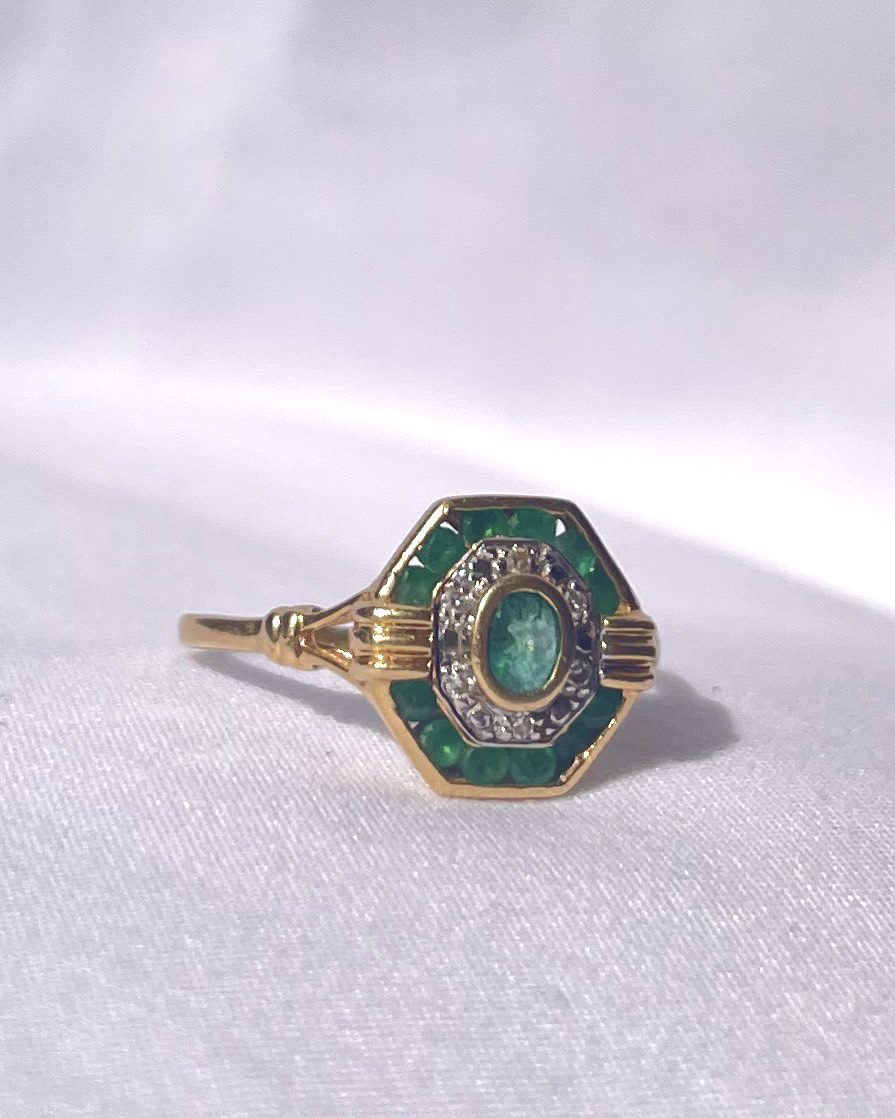 Bague style Art-Déco émeraudes &amp; diamants &quot;Bruna&quot;
