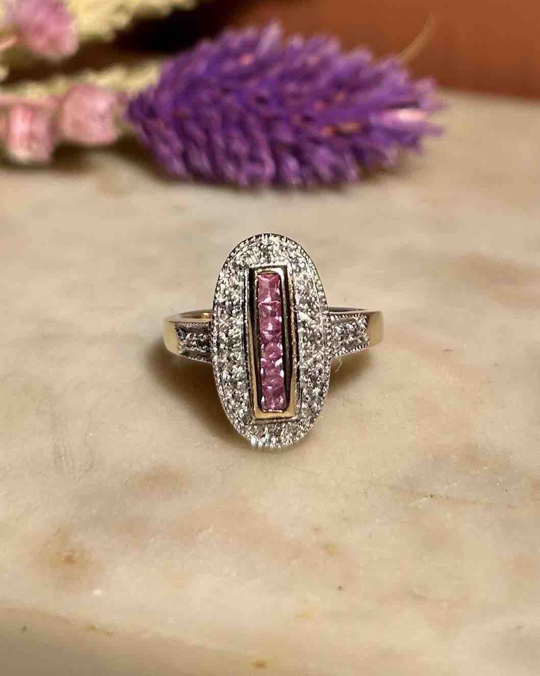 Art Deco Style Ring with Pink Sapphires and Diamonds "Rozenn"