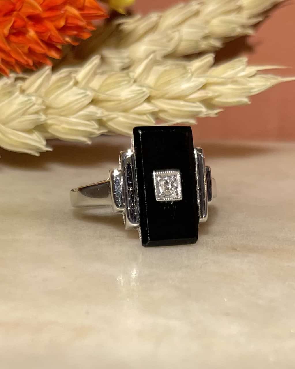 Bague Art-déco Onyx &amp; Diamant "Yvonne"