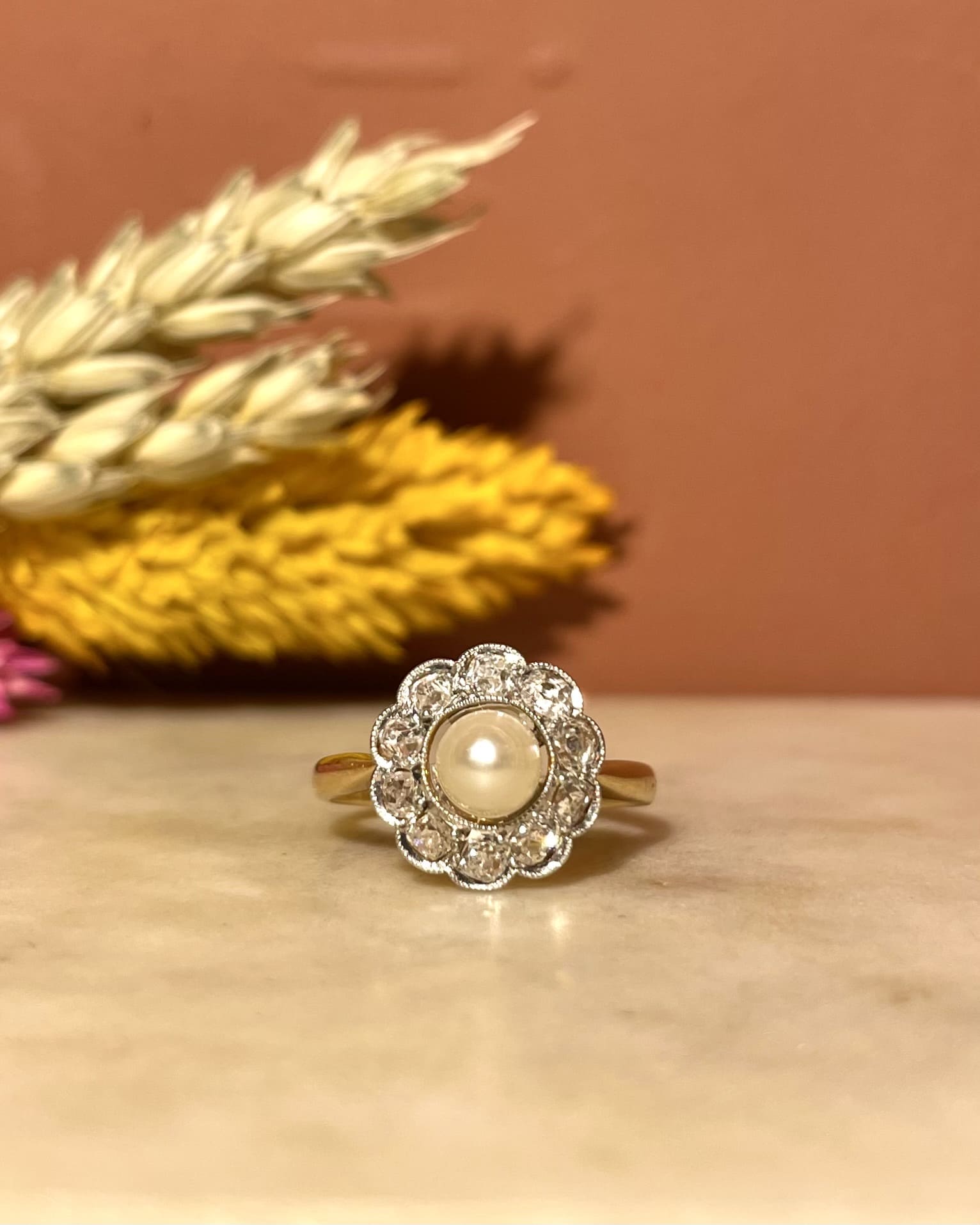 Bague Art-Déco Perle &amp; 10 Diamant "Magnolia"
