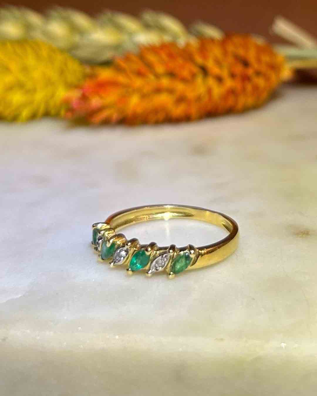 "Melody" Emerald &amp;amp; Diamond Half Wedding Band