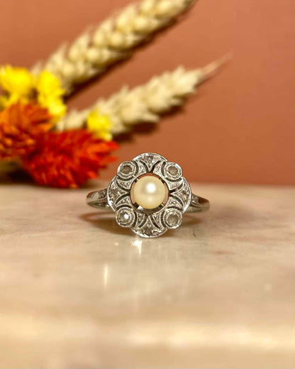 Bague Art-Déco Perle &amp; 12 Diamants &quot;Malakai &quot;