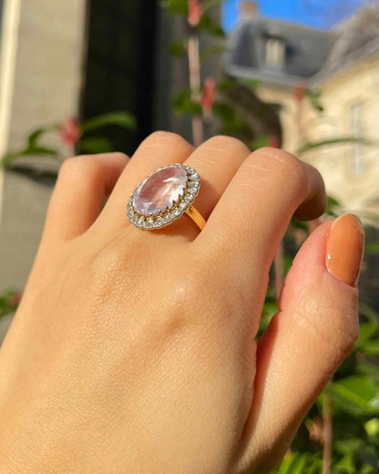 Bague Art-Déco Marguerite Quartz Rose 9 Carats &amp; 22 Diamants &quot;Rowane&quot;