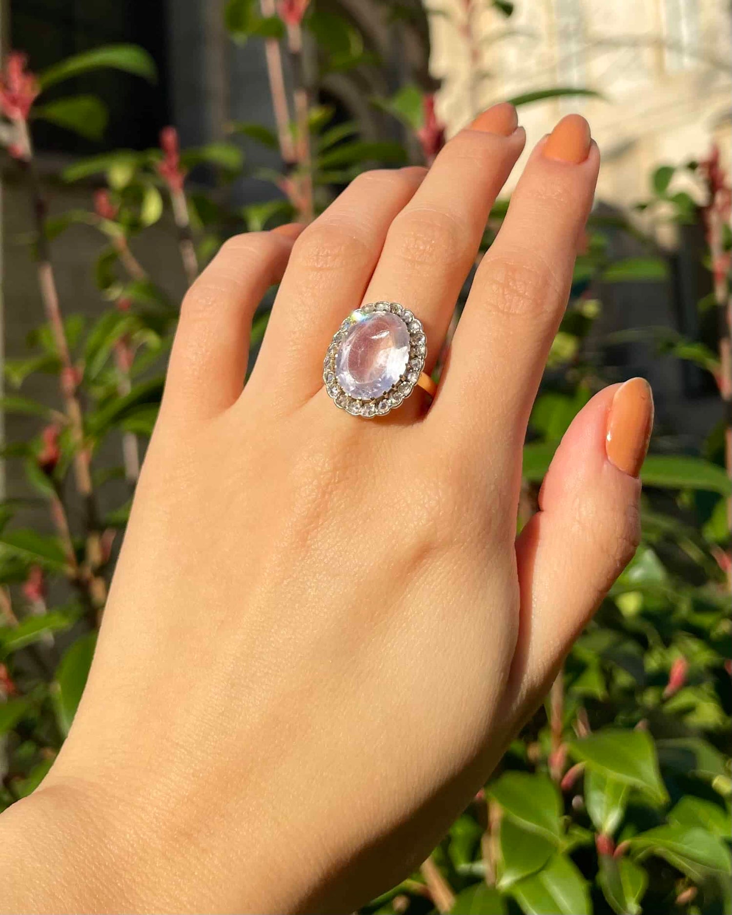 Bague Art-Déco Marguerite Quartz Rose 9 Carats &amp; 22 Diamants &quot;Rowane&quot;