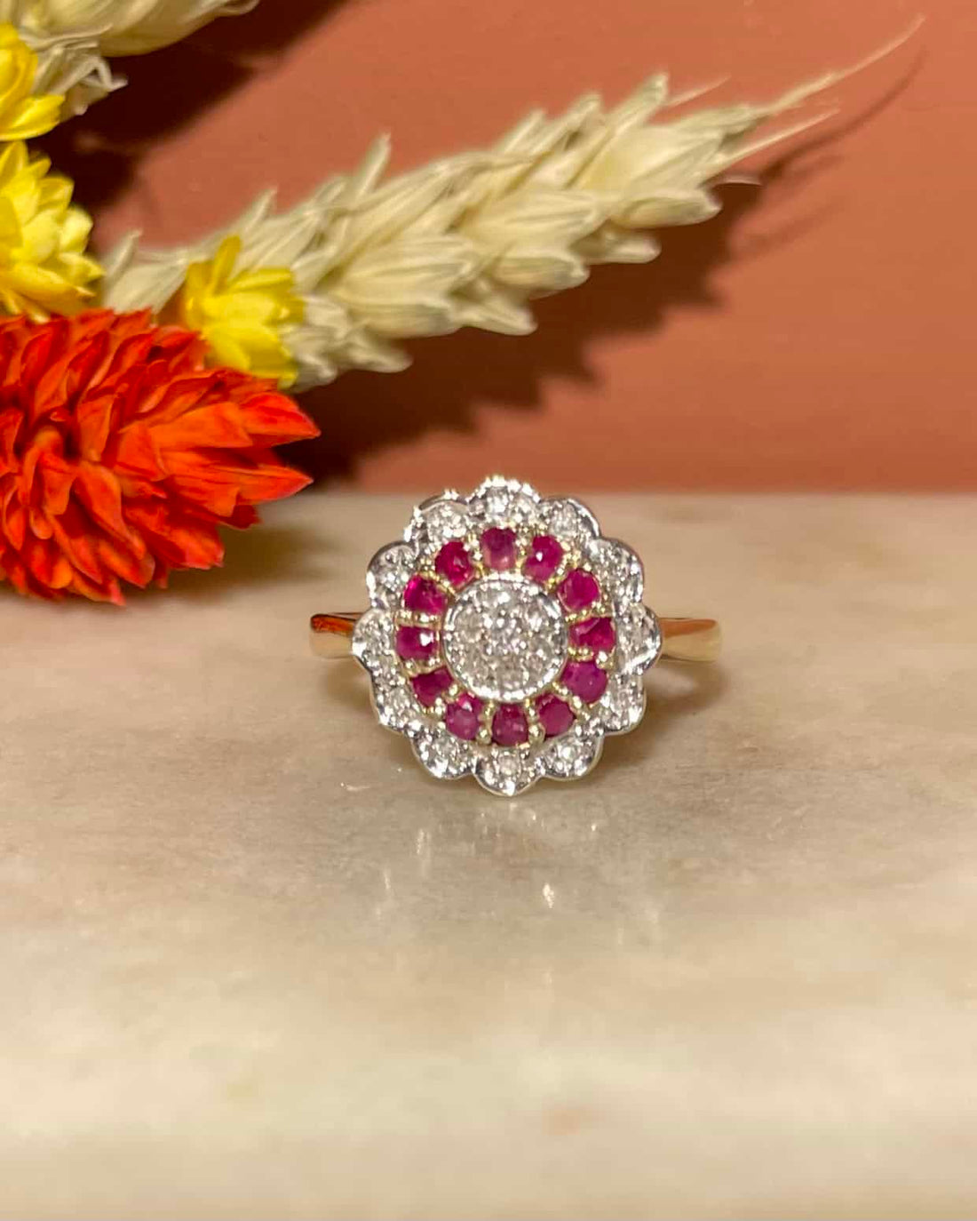 Bague style Art-déco Rubis &amp; 19 Diamants &quot;Anolta&quot;