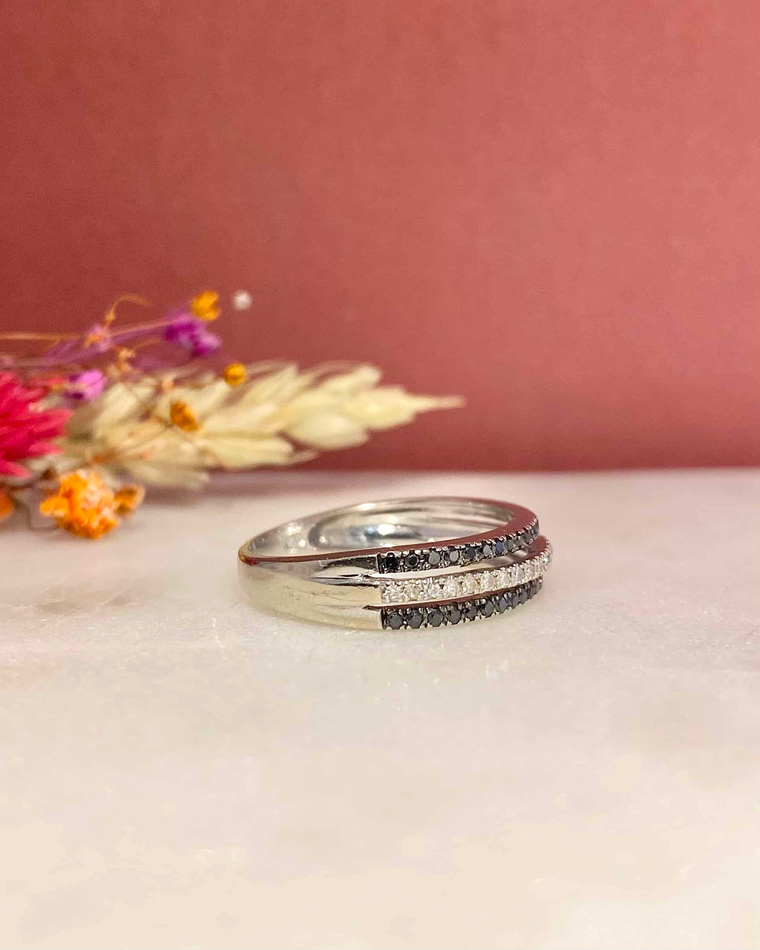 “Stephanie” white and black diamond river ring