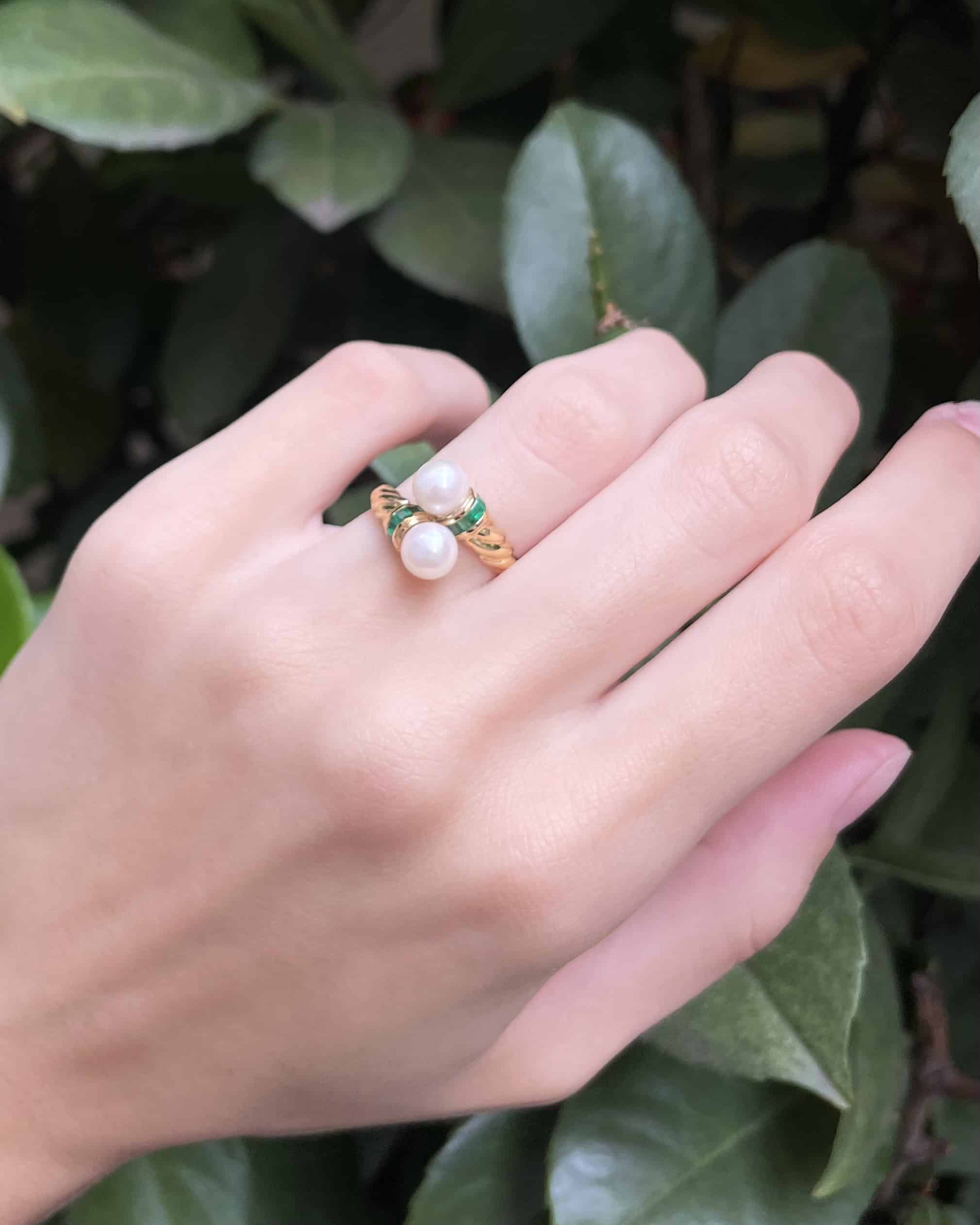 Bague jonc Torsadée Perles &amp; Émeraudes "Gianna" - Elliade Paris