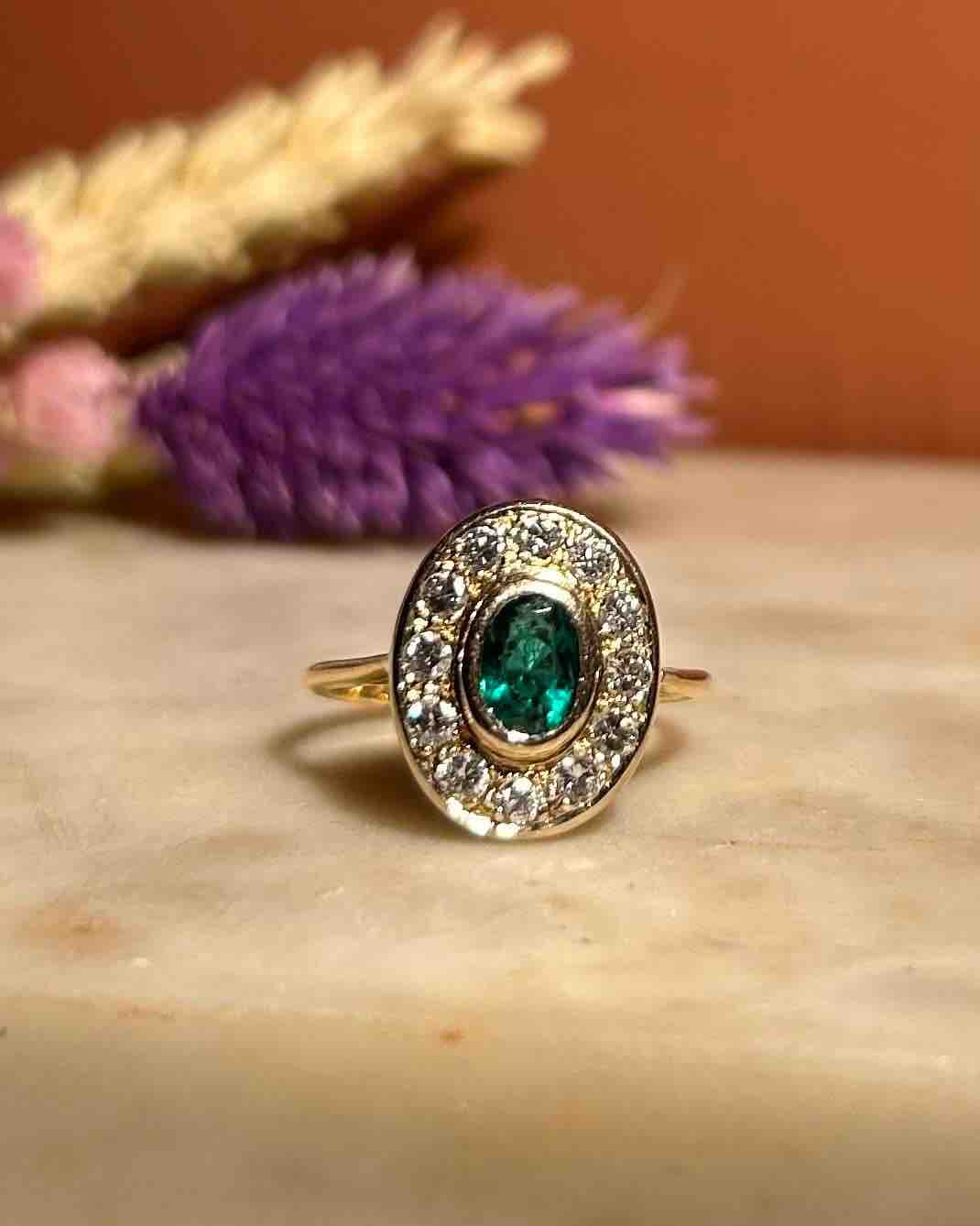 Bague style Art-Déco émeraude &amp; diamants &quot;Sylvianne&quot;