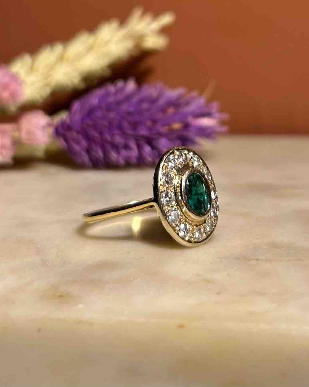 Bague style Art-Déco émeraude &amp; diamants &quot;Sylvianne&quot;