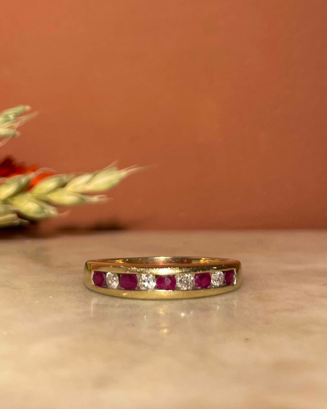 &quot;Manelle&quot; Ruby &amp;amp; Diamond Half Wedding Band