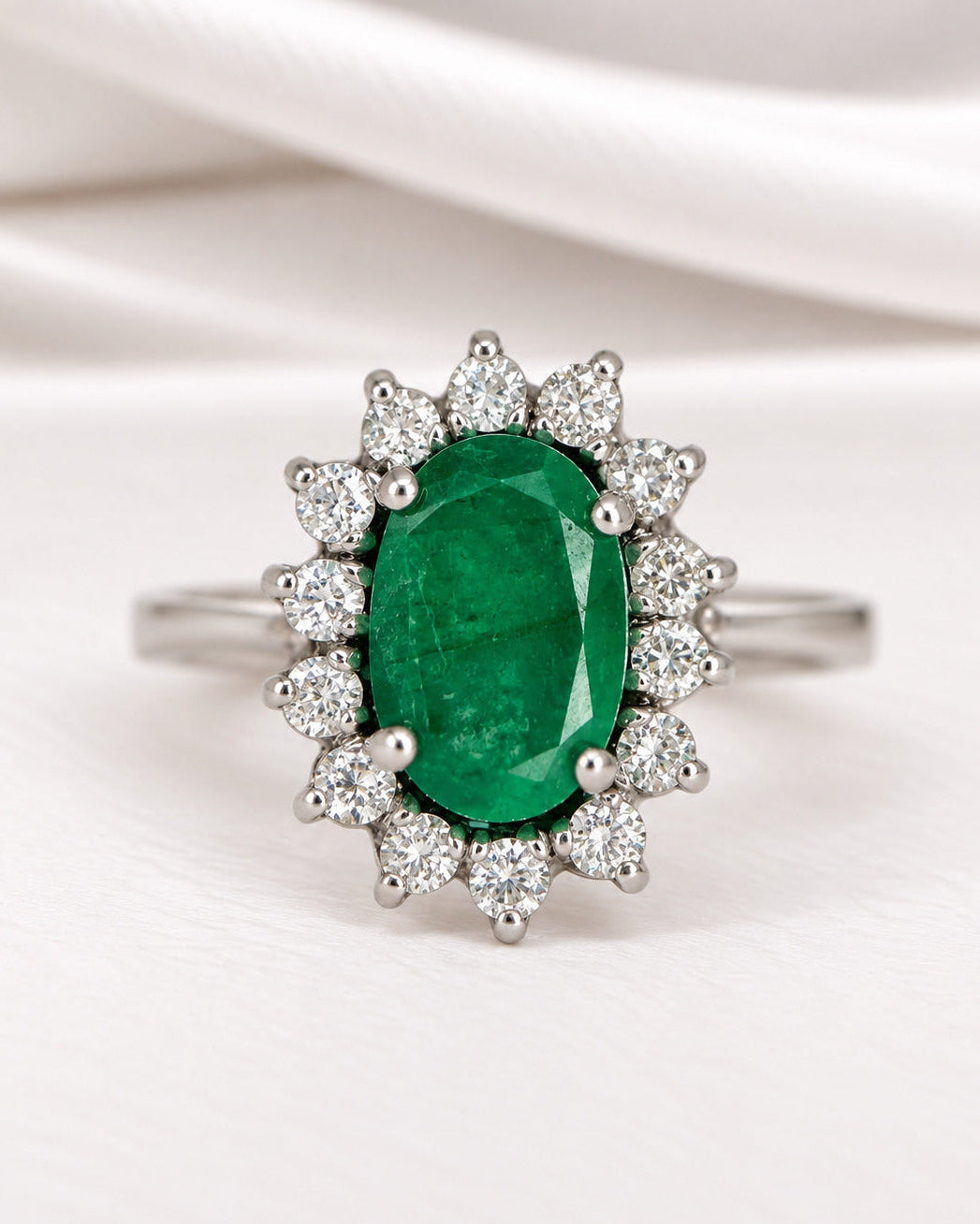 Anillo margarita de esmeralda de 1.35 quilates y diamantes de 0.63 quilates, 7.1 g «Sabine»