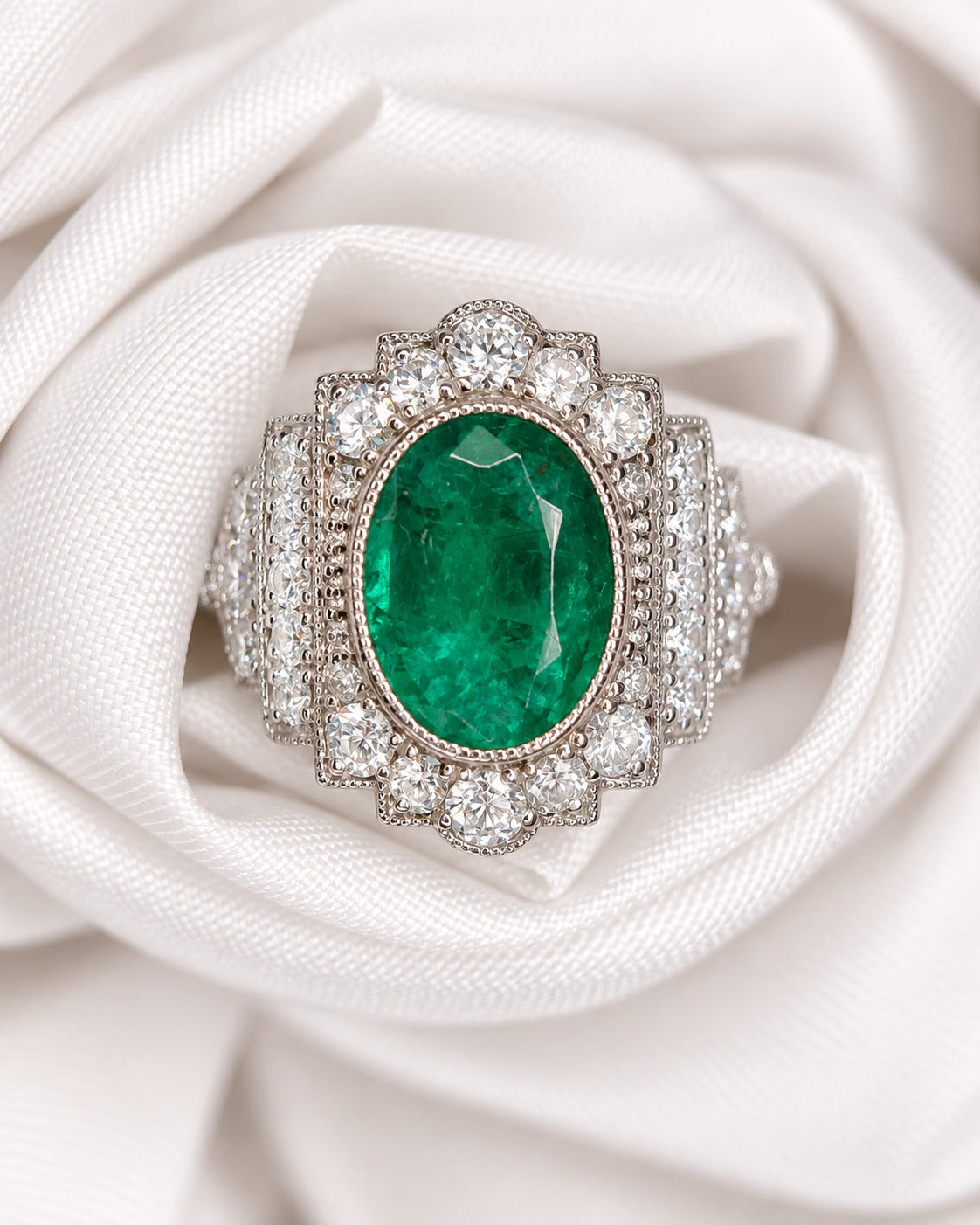 Anillo Art Déco de esmeralda colombiana de 1.65 quilates y diamantes de 0.72 quilates «Tamara»