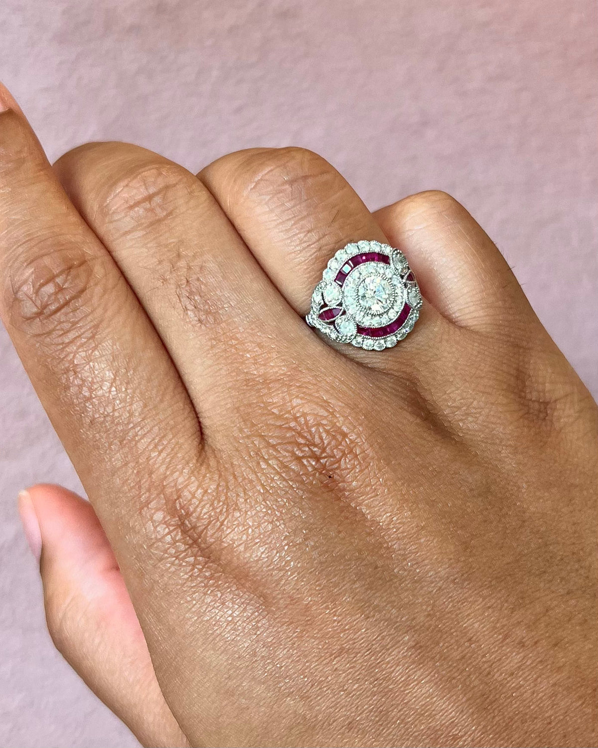 Bague Style Art-Déco Diamants 1.27 carat &amp; Rubis "Valériane"