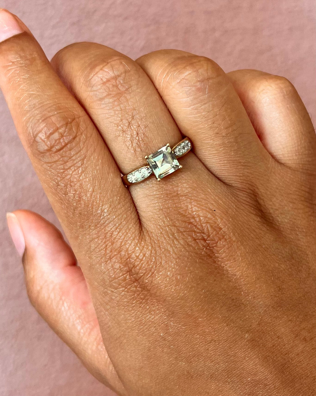 1.20-carat Prasiolite Quartz &amp; Diamond Trilogy Ring "Ava"