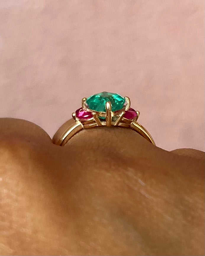 Colombian Emerald 1.34 carat &amp; Ruby 0.60 carat Trilogy Ring "Amalia"
