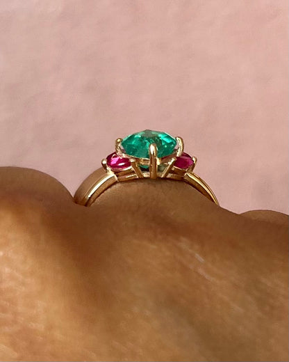 Colombian Emerald 1.34 carat &amp; Ruby 0.60 carat Trilogy Ring "Amalia"