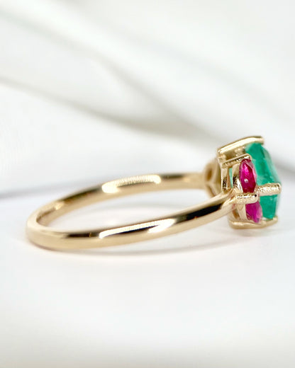 Colombian Emerald 1.34 carat &amp; Ruby 0.60 carat Trilogy Ring "Amalia"