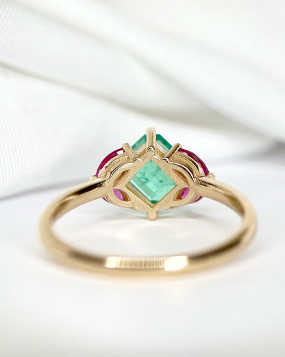Colombian Emerald 1.34 carat &amp; Ruby 0.60 carat Trilogy Ring "Amalia"