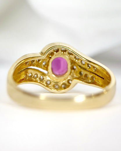 Anillo Tourbillon de rubí de 0.50 quilates, diamantes de 0.36 quilates y oro de 18 quilates 4.26g «Olga»