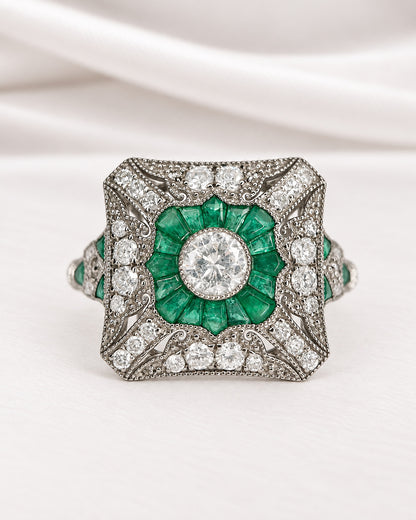 Art Deco-Style Diamond Ring 0.77 carat &amp; Emeralds "Isolde"