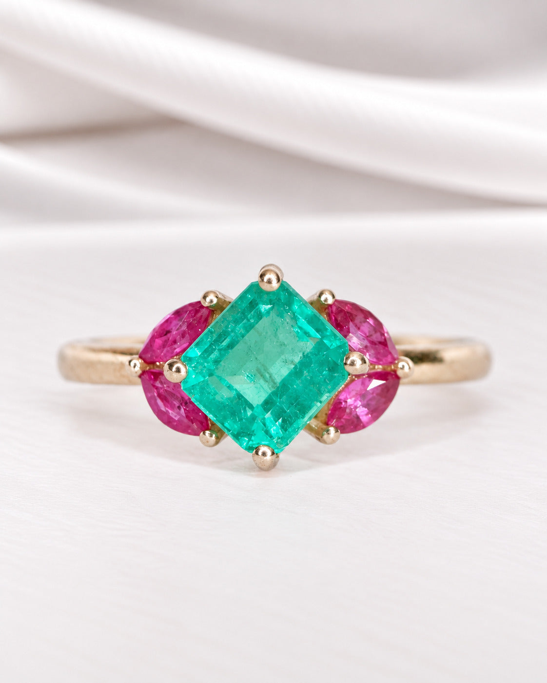 Colombian Emerald 1.34 carat &amp; Ruby 0.60 carat Trilogy Ring "Amalia"