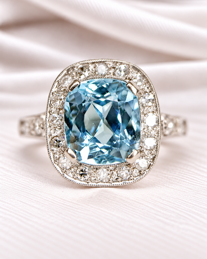 Anillo estilo art déco con aguamarina de 3.40 carats y diamantes de 0.36 carat, 5.38g «Pamela»