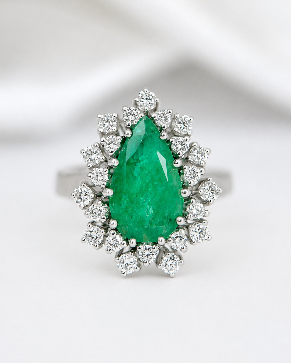 Anillo Margarita de Esmeralda de 2.10 quilates y Diamantes de 0.77 quilates, 7,89 g, «Héloïse»