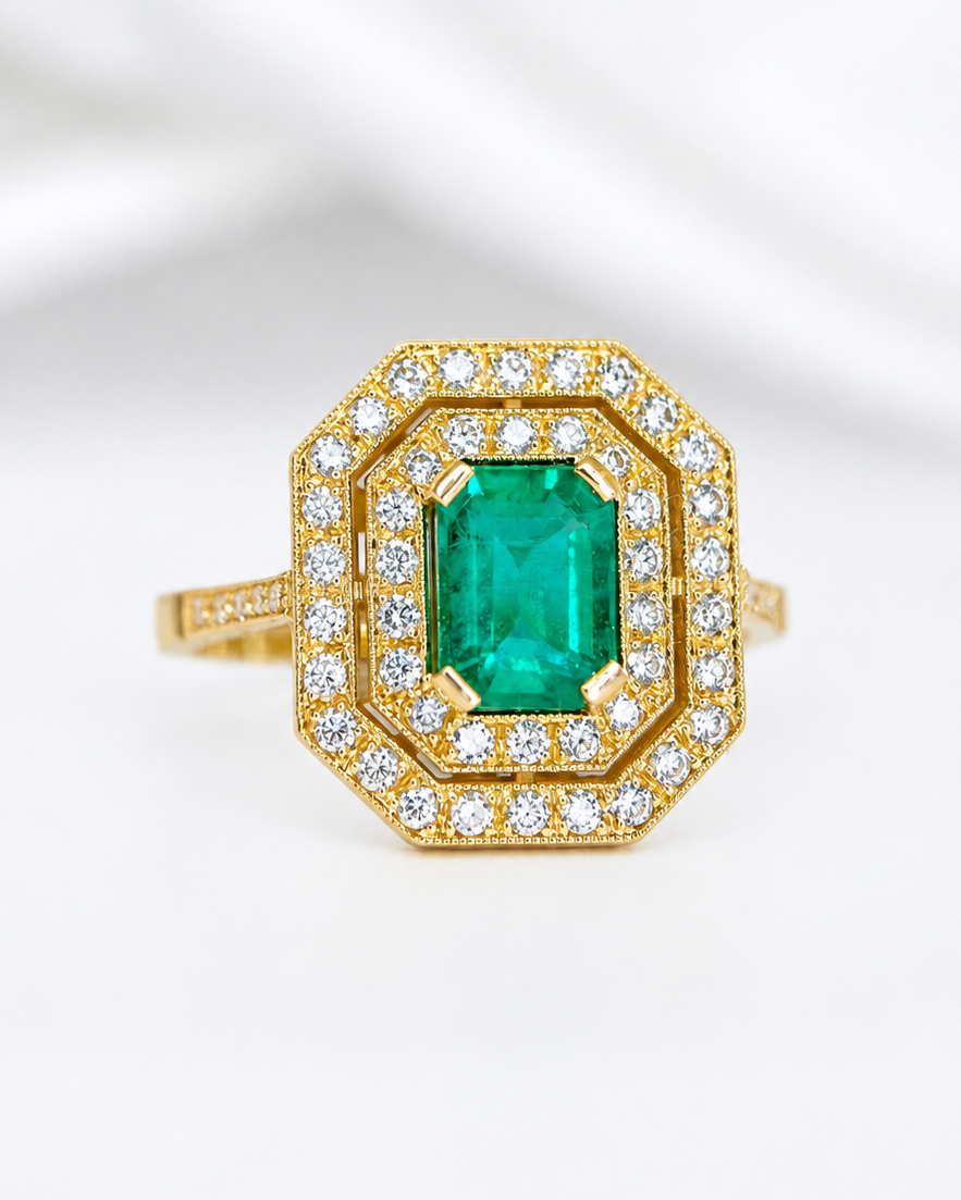 Art Deco-Style Ring, 1-Carat Emerald &amp; 0.76-Carat Diamonds, 4.45 g “Anais”