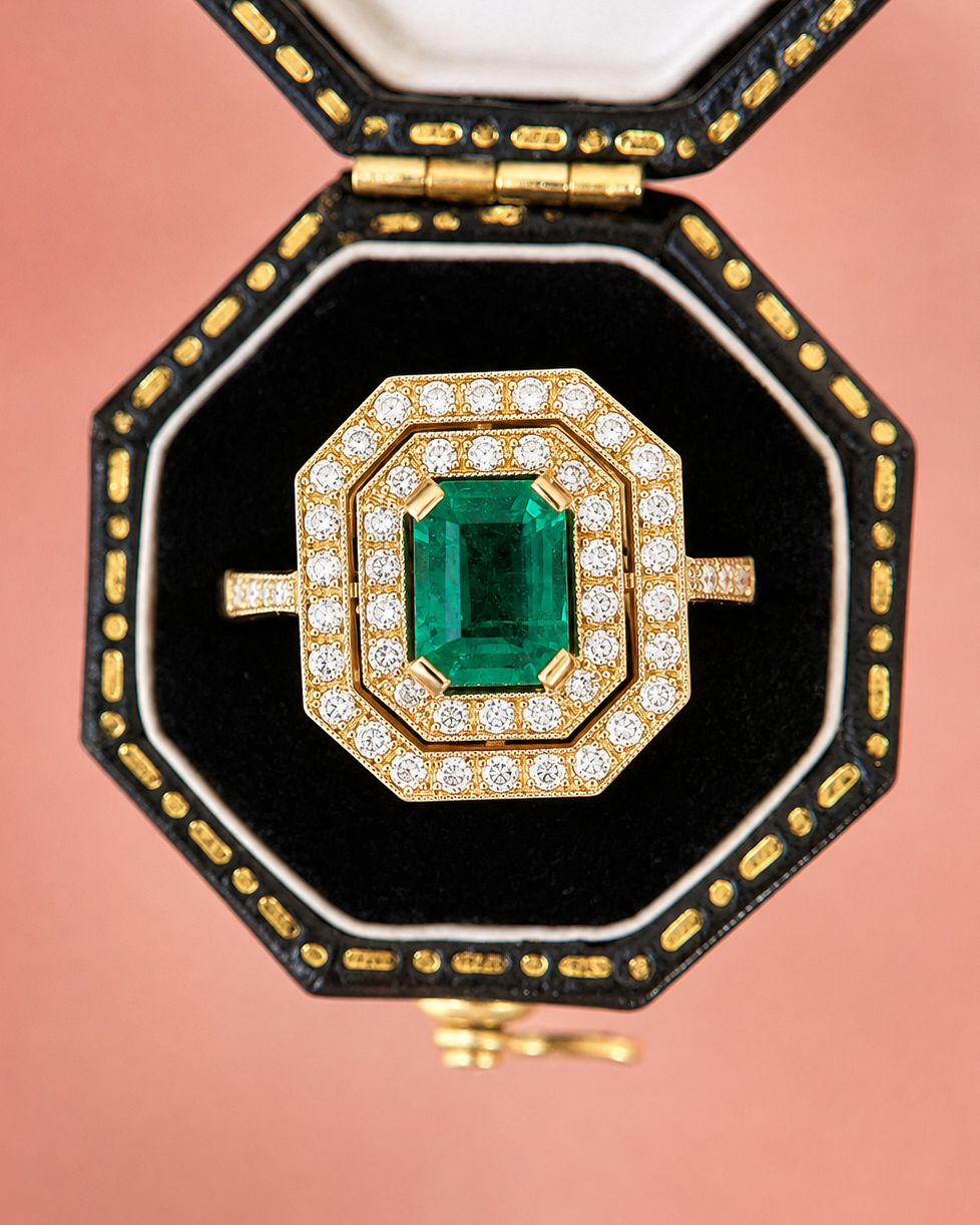 Art Deco-Style Ring, 1-Carat Emerald &amp; 0.76-Carat Diamonds, 4.45 g “Anais”