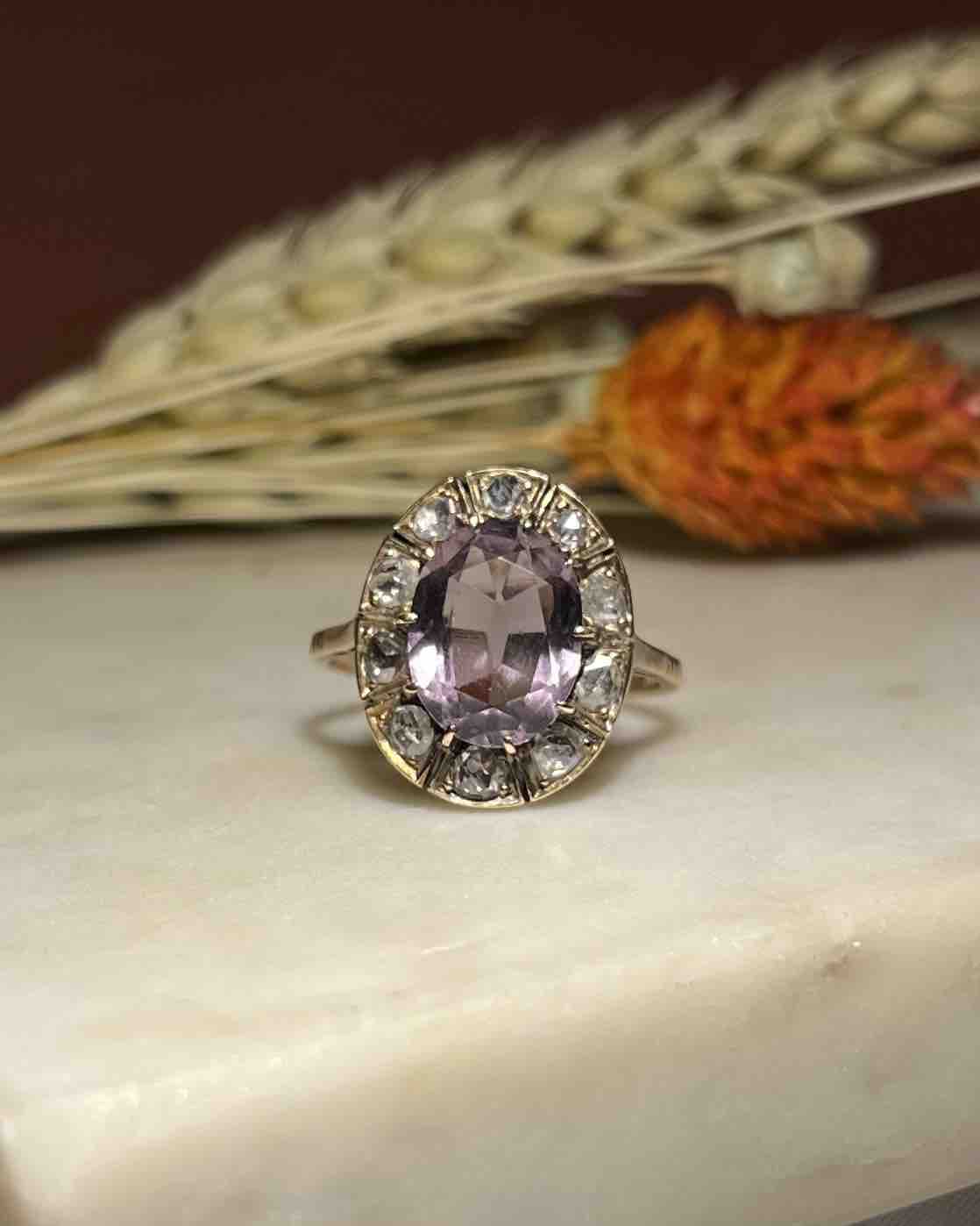 Bague Marguerite XIXe Améthyste &amp; Diamants "Hortensia"