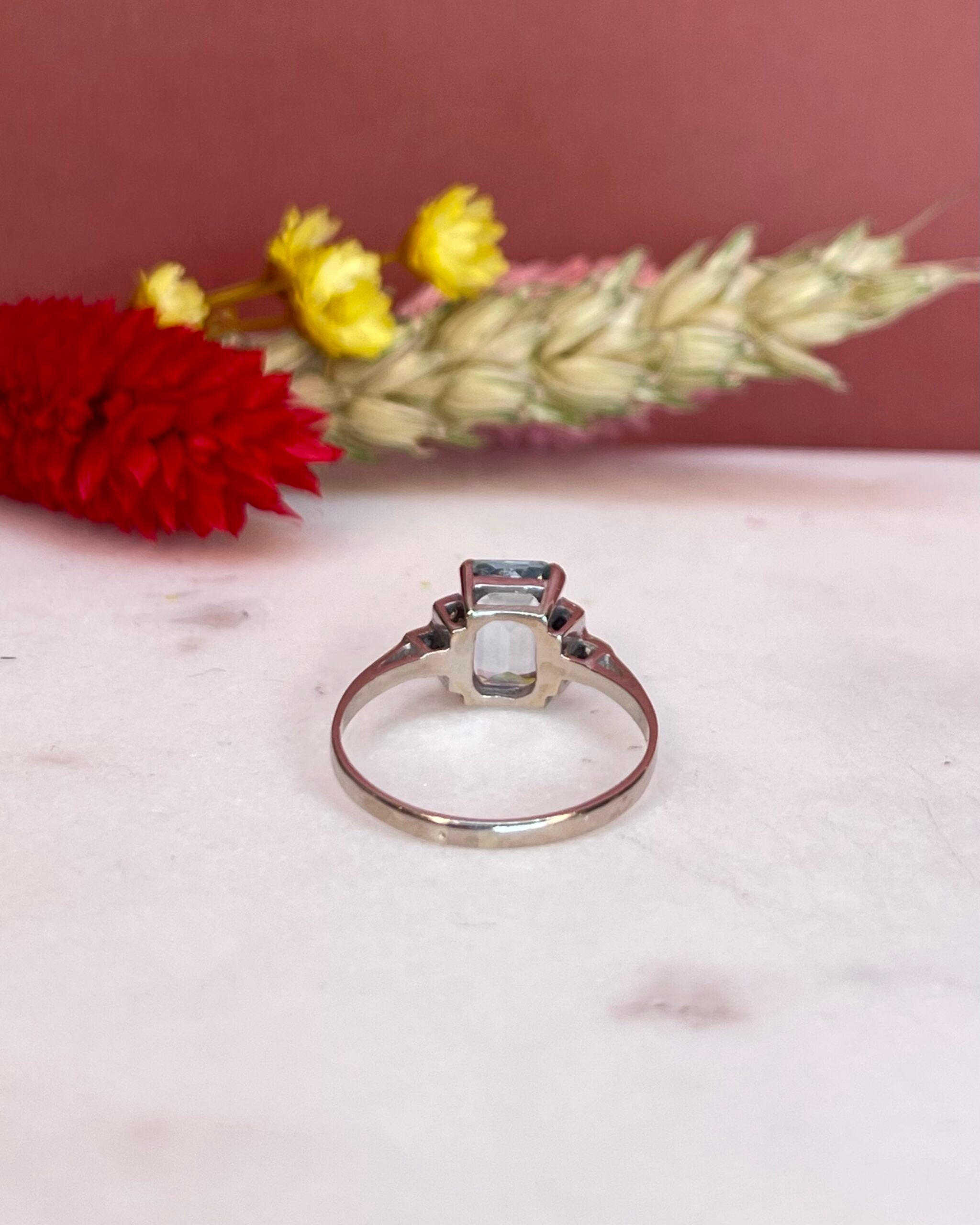Bague Trilogie Style Art-déco Aigue-marine 1.60 Carat &amp; Diamants "Audile" - Elliade Paris