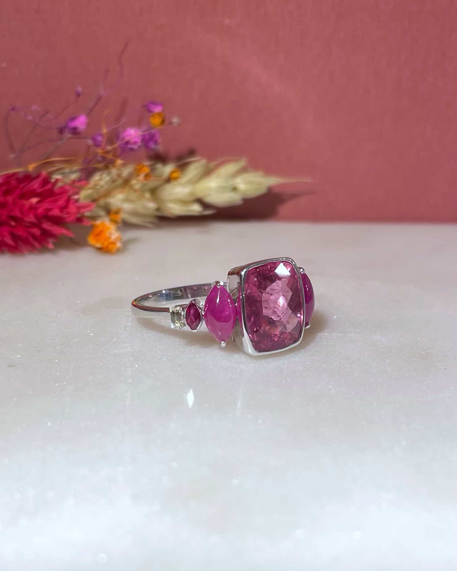 Bague Trilogie Tourmalines Roses 3.30 Carats et Diamants "Siréna"