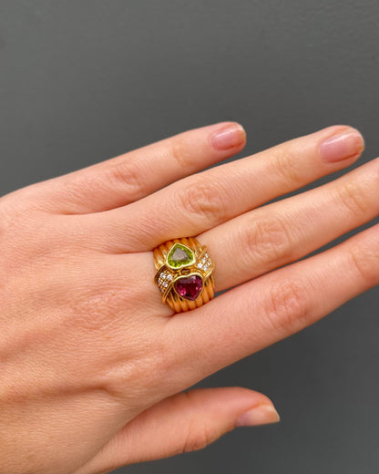 Bague Bandeau Toi &amp; Moi Péridot, Tourmaline Rose &amp; Diamants &quot;Alba&quot;