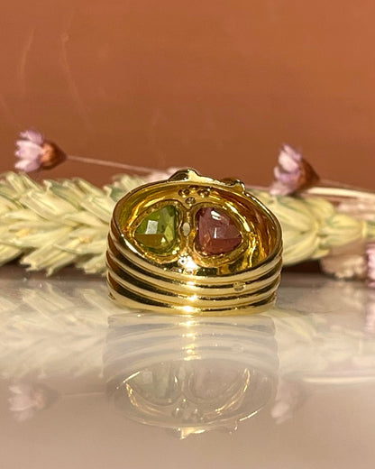 Bague Bandeau Toi &amp; Moi Péridot, Tourmaline Rose &amp; Diamants &quot;Alba&quot;