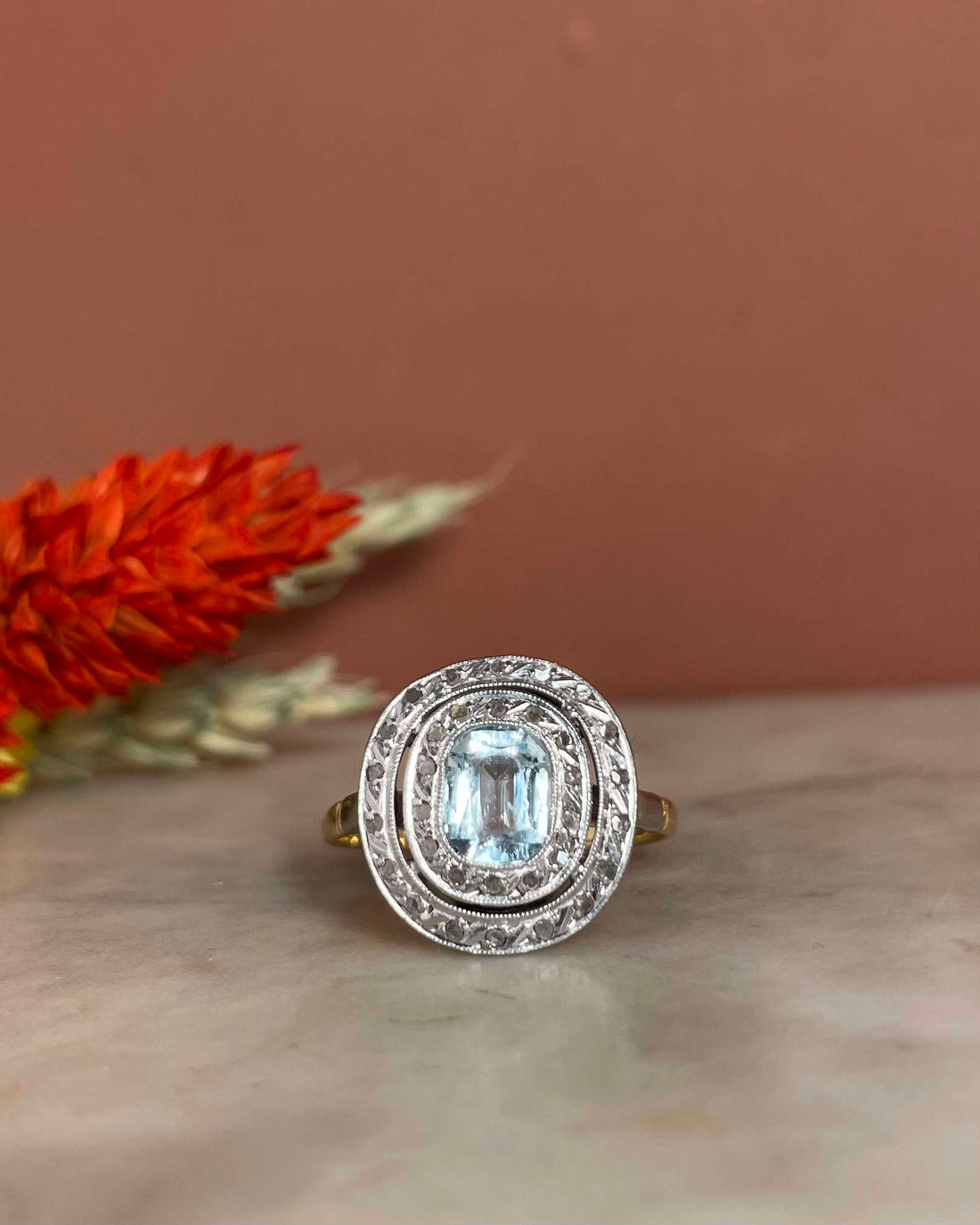 Bague style Art-Déco Aigue-Marine 0.80 carat &amp; Diamants &quot;Milaya&quot;
