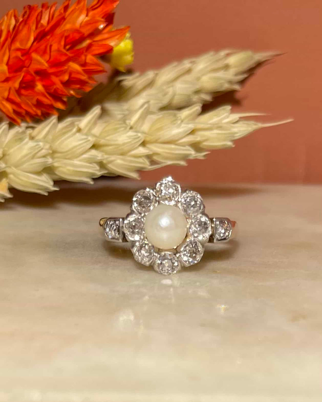 Bague Art-déco marguerite diamants &amp; perle &quot;Julia&quot;
