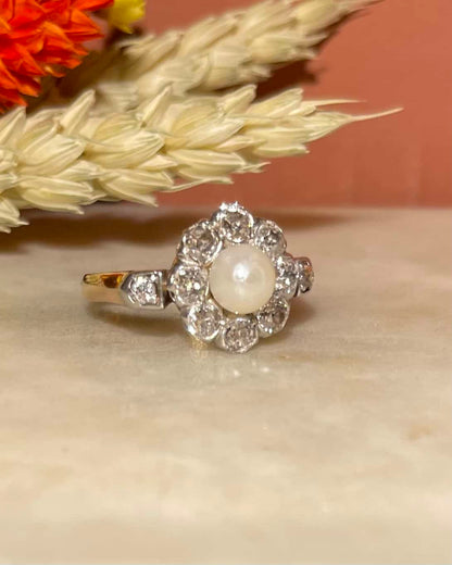 Bague Art-déco marguerite diamants &amp; perle &quot;Julia&quot;
