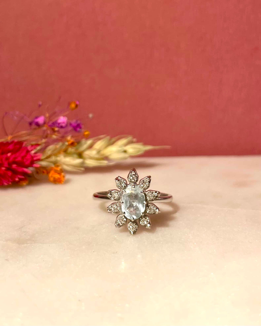 &quot;Lilia&quot; Aquamarine &amp;amp; Diamond Daisy Ring