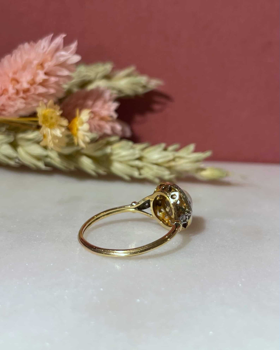 Art Deco Pearl &amp;amp; Diamond Daisy Ring &quot;Helene&quot;