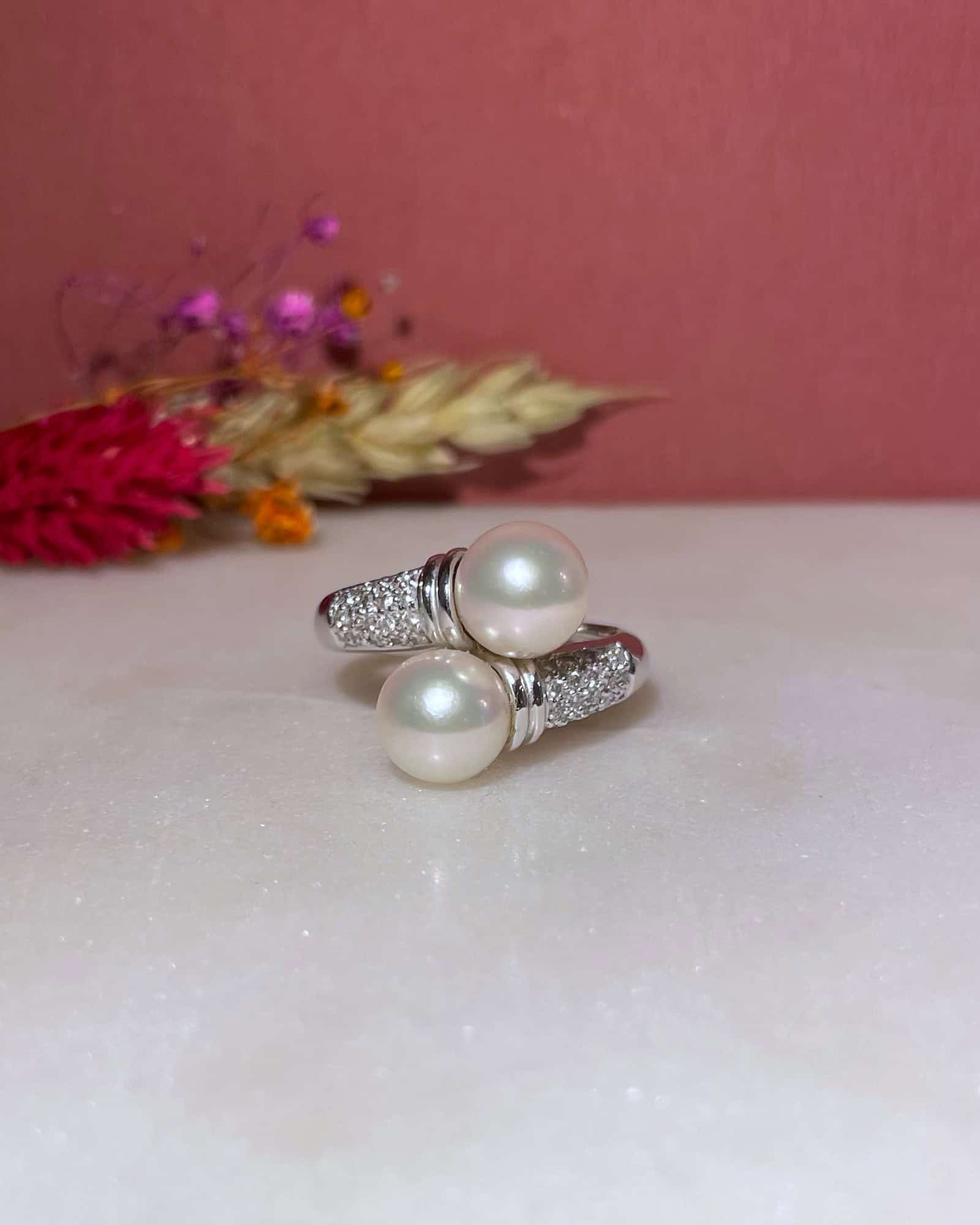 Bague Vintage Toi &amp; Moi Perles &amp; Diamants "Dania" - Elliade Paris