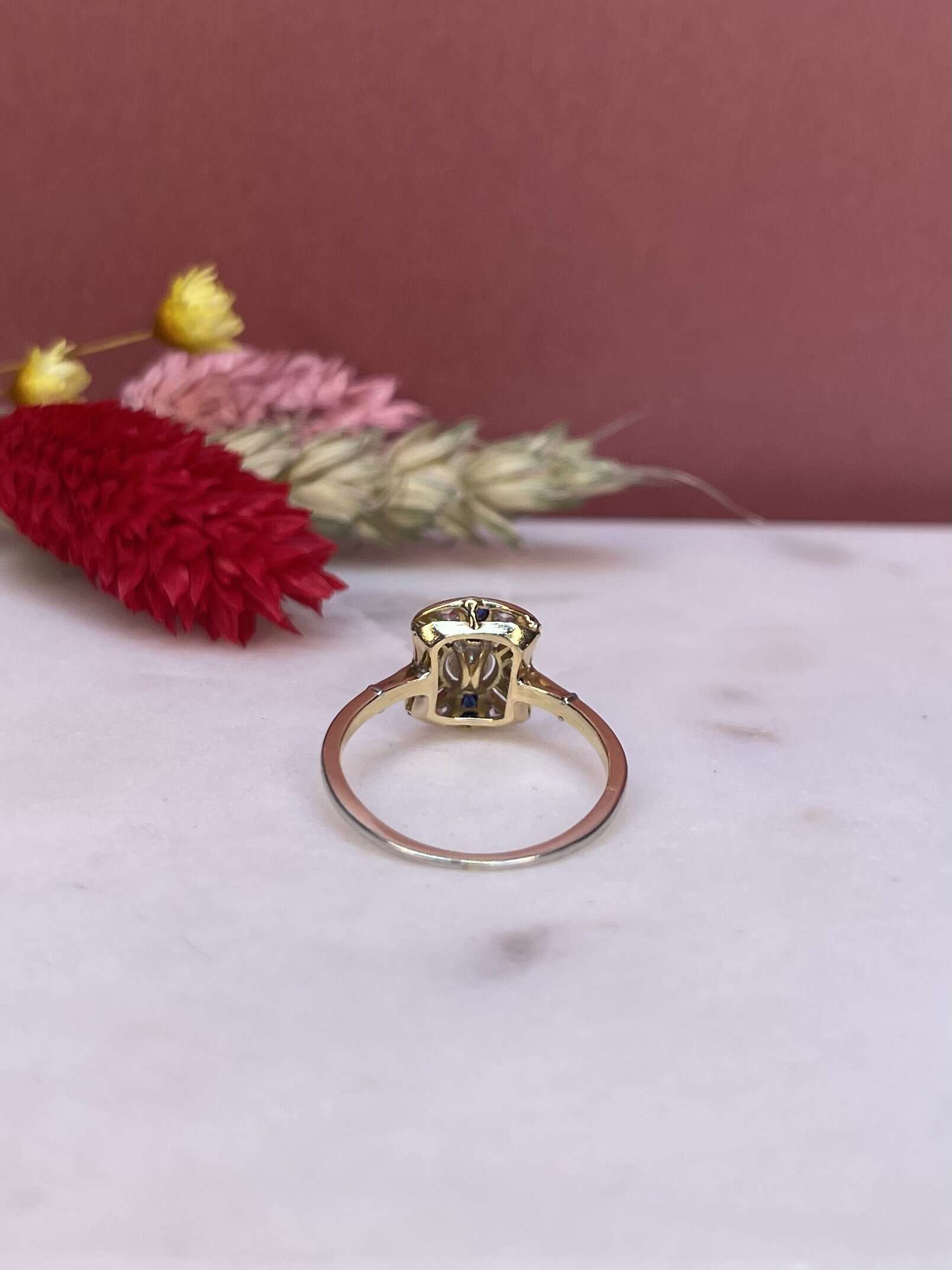 Bague Art-Déco Perle, Saphirs &amp; diamants "Pimprenelle"