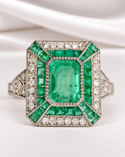 Art Deco-Style Ring Emeralds 1.74 carat &amp; Diamonds 0.24 carat "Océane"