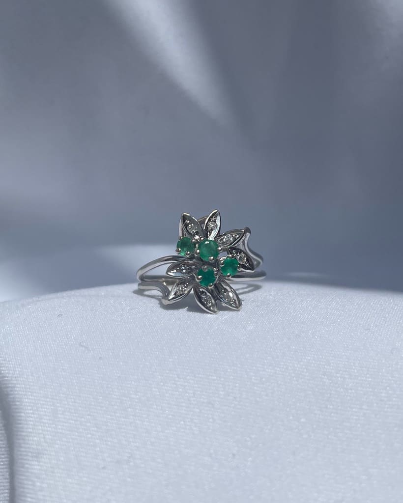 &quot;Amanda&quot; Vintage Emerald &amp;amp; Diamond Flower Ring