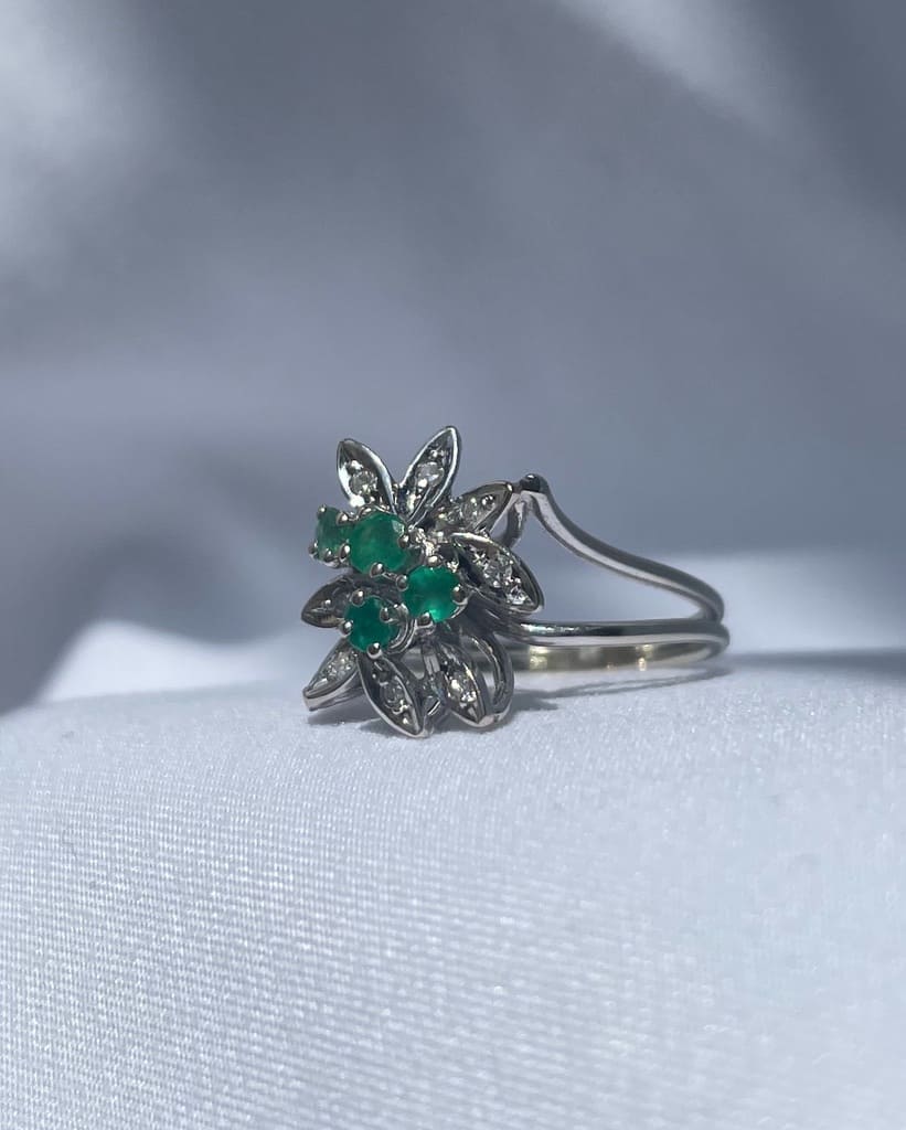 &quot;Amanda&quot; Vintage Emerald &amp;amp; Diamond Flower Ring