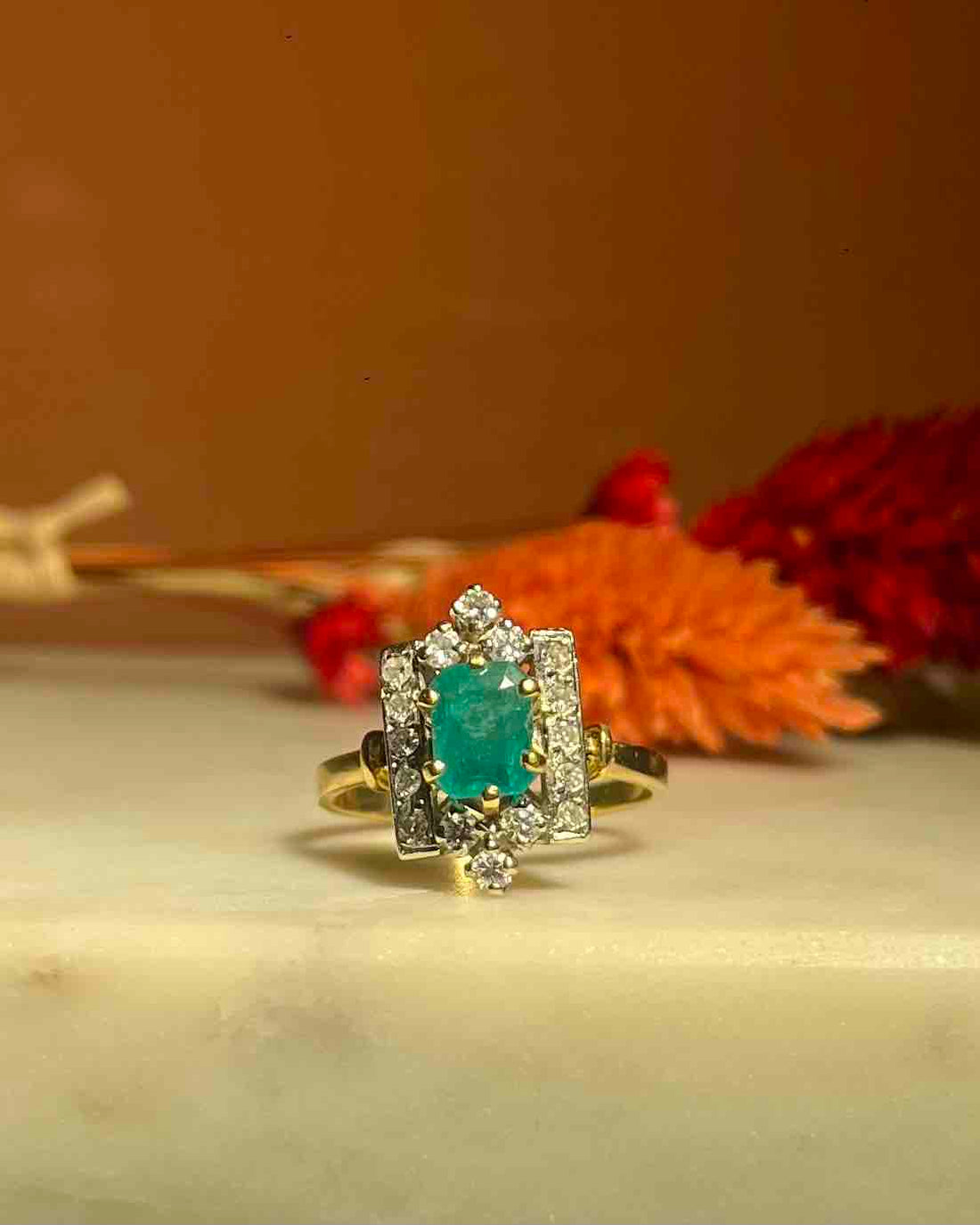 Bague style Art-Déco émeraude &amp; diamants &quot;Victoire&quot;