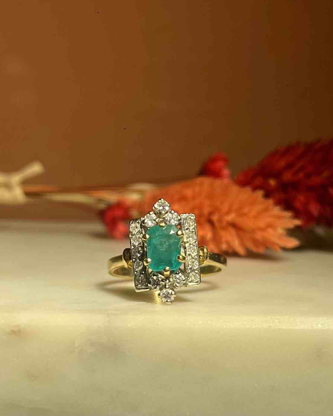 Bague style Art-Déco émeraude &amp; diamants &quot;Victoire&quot;