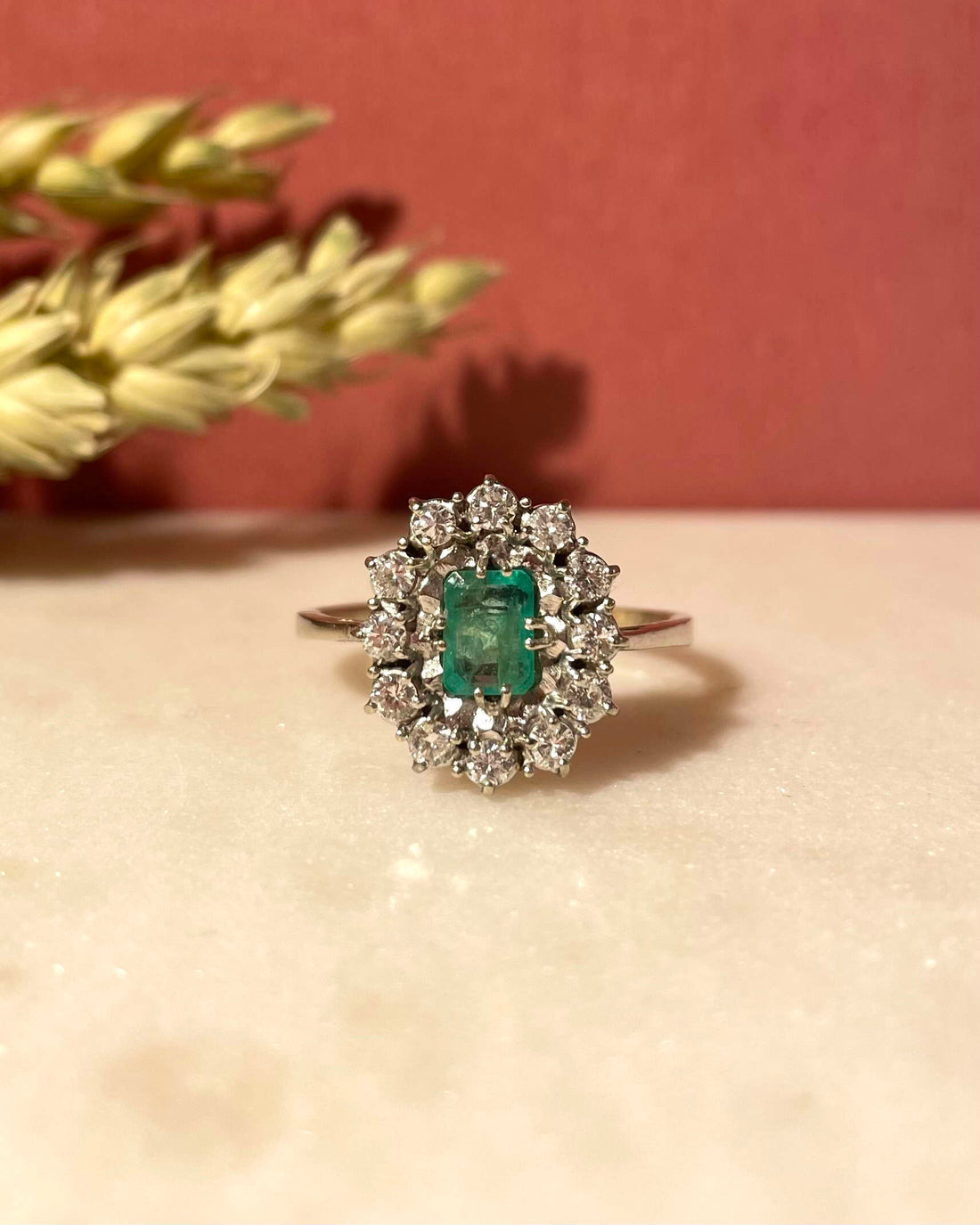 &quot;Carolie&quot; Emerald Daisy Ring 0.70 Carat &amp;amp; 12 Diamonds